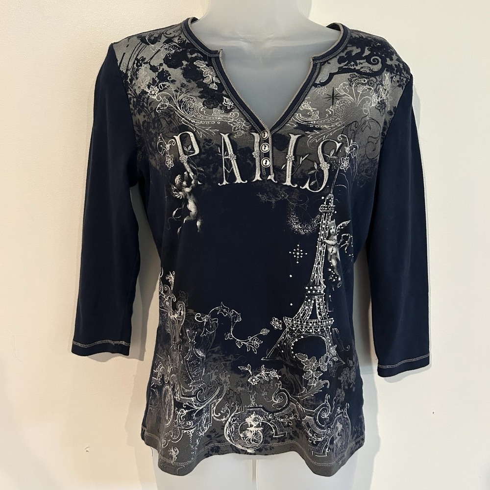 Y2K Blue Canyon Made in USA Paris Top Sz M Rhinestone Navy Blue Graphic Bling